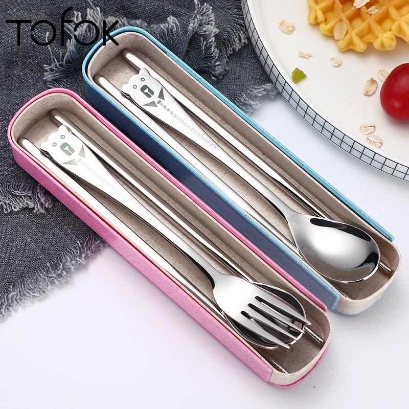 

Tofok Cartoon Cute Bear Dinnerware Set Spoon Chopsticks Fork Portable Outdoor Picnic Travel School Kids Tableware Metal Cutlery