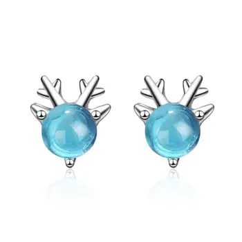 

100% 925 Sterling Silver Fashion ELK Deer Animal Blue Crystal Lady Stud Earrings Wholesale Jewelry For Women Christmas Gift