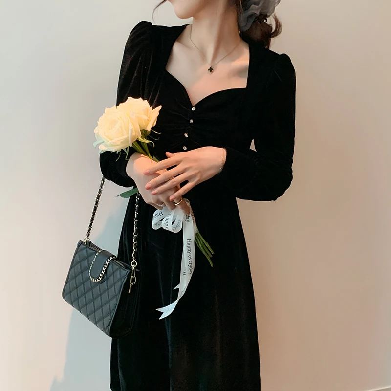 

Vintage Black Velvet Dress Women French Elegant Office Lady Long Dress Korean Y2K Gothic Evening Party Dress for Women 2021 Fall