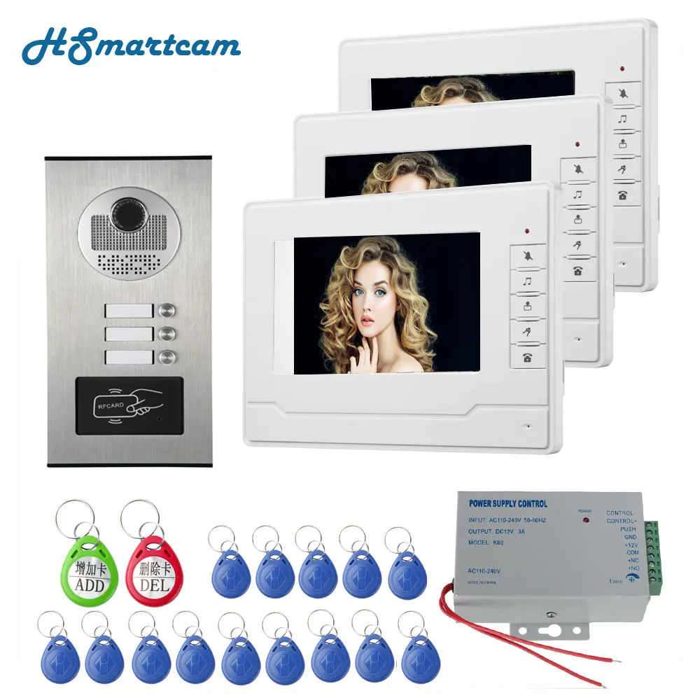 유선 홈 컬러 모니터 아파트 유선 비디오 도어 폰 RFID HID 카드, 오디오 비주얼 인터콤 시스템, 7 인치