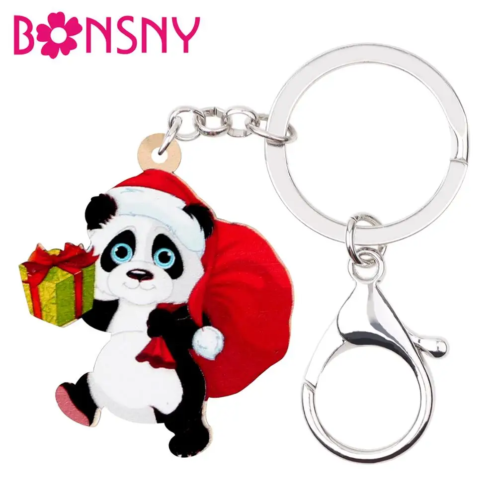 Bonsny Acrylic Christmas Cute Panda Gift Box Key Chains Rings Purse Handbag Car Animal Keychains For Girl Teen Men Charms | Украшения и