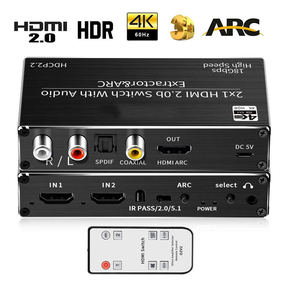 Мини 2x1 4K HDMI переключатель аудио экстрактор с ARC и оптический Toslink HDMI 2,0 переключатель 4K 60Hz HDMI переключатель дистанционного управления для Apple tv PS4