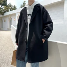 

Men's Clothes Jaket Coat Medium Length Tweed Solid Color Windbreaker Loose Versatile Handsome Autumn And Winter Hot Sale