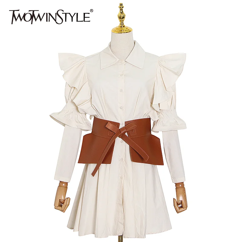 TWOTWINSTYLE Elegant Patchowrk Ruffle Women Shirt Dress Lapel Long Sleeve High Waist With Sashes Dresses Female 2020 Summer New TWOTWINSTYLE Elegant Patchowrk Ruffle Women Shirt Dress Lapel Long Sleeve High Waist With Sashes Dresses Female 2020 Summer New