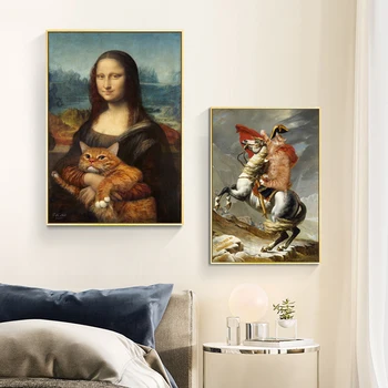 

Mona Lisa Funny Famous Wall Paintings Reproductions Portrait with Animal Art Canvas Prints Pictures for Living Room Home Decor