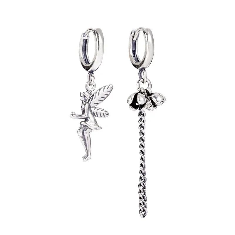 

100% 925 Sterling Silver Vintage Sweet Little Angel Girl Flower Asymmetry Ladies Long Tassel Stud Earrings Jewelry For Women