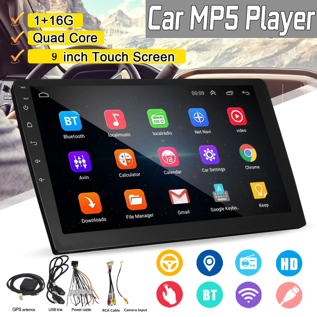  9 Inch 2 DIN Quad Core 16GB Car Truck GPS Navigation bluetooth Capacitive Screen WIFI FM Navigator 