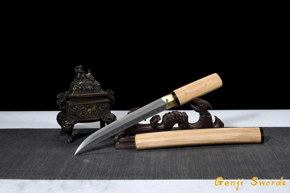 Handmade Short Katana Japanese Tanto Double Edge Samurai Sword Sharp Blade 1095 High Carbon Steel Clay-Tempered