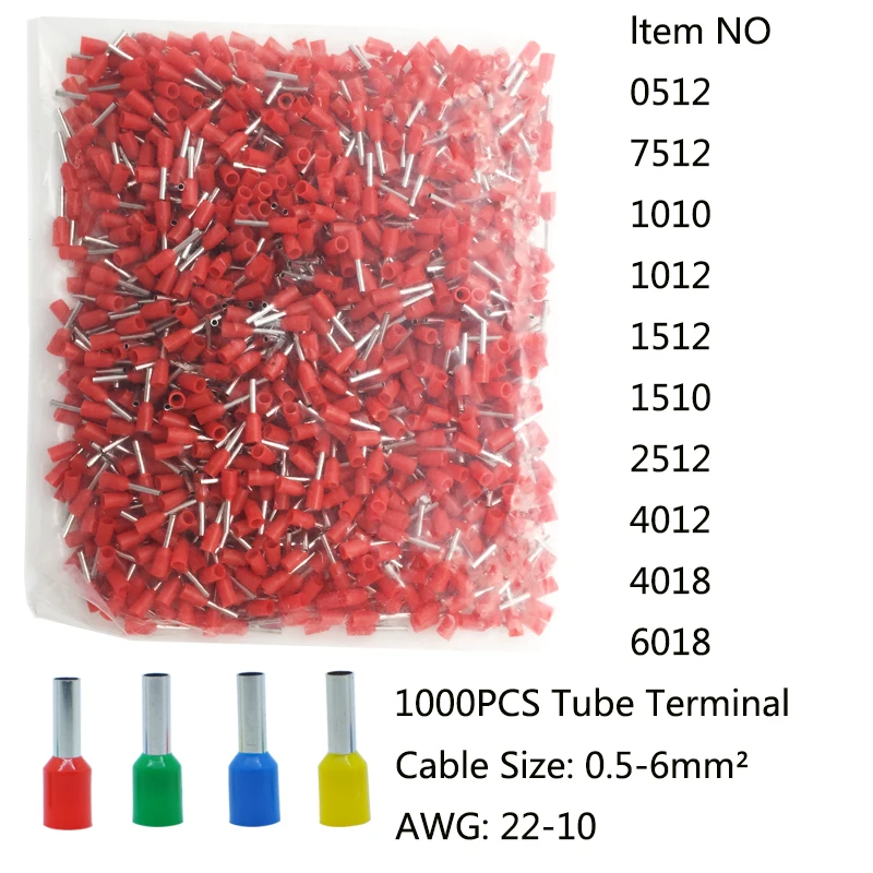 

1000PCS tube crimp terminal wire connector electrical bock terminals for cable AWG22-10 Cable size 0.5-6mm2 terminator