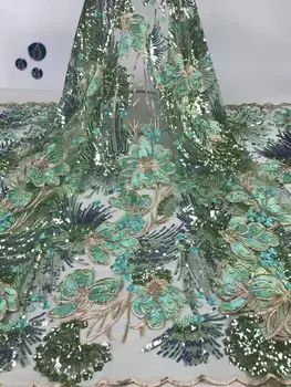 

Green African Lace Fabric High Quality 3d French Lace Fabric With Beads Sequin Embroidery Tulle Lace Fabric For Wedding(7-19