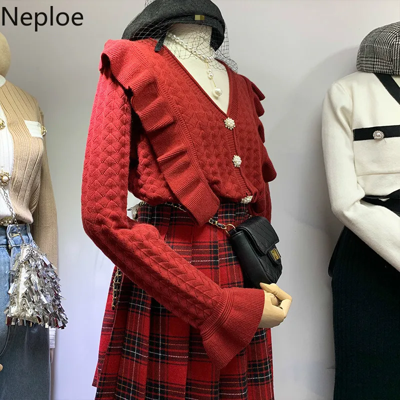 Neploe V образным вырезом с длинным рукавом вязаный однобортный Pull Femme пальто осень зима оборками одной груди кардиган свитер красный Sueter