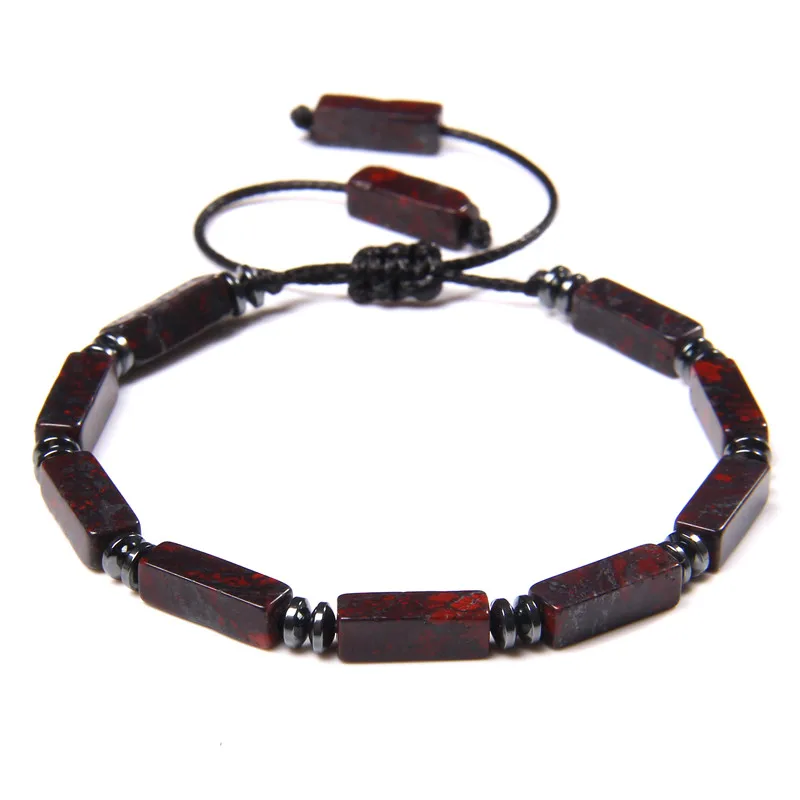 Trendy Men's Bracelet Braid Square Tube Shape Natural Bloodstone Beads Bracelet