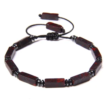 Trendy Men's Bracelet Braid Square Tube Shape Natural Bloodstone Beads Bracelet
