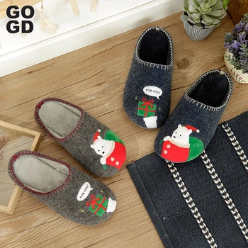 

[GOGD]Winter Slippers for Women Bedroom Wear-resistant Warm House shoes Cartoon Deer Animal plush slippers with fur Indoor