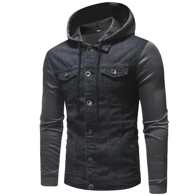 Dark Blue Брендовая Новинка, мужские джинсовые куртки, мужские осенние джинсовые пальто с капюшоном, Мужская Высококачественная модная Классическая однотонная одежда - Цвет: Dark Blue