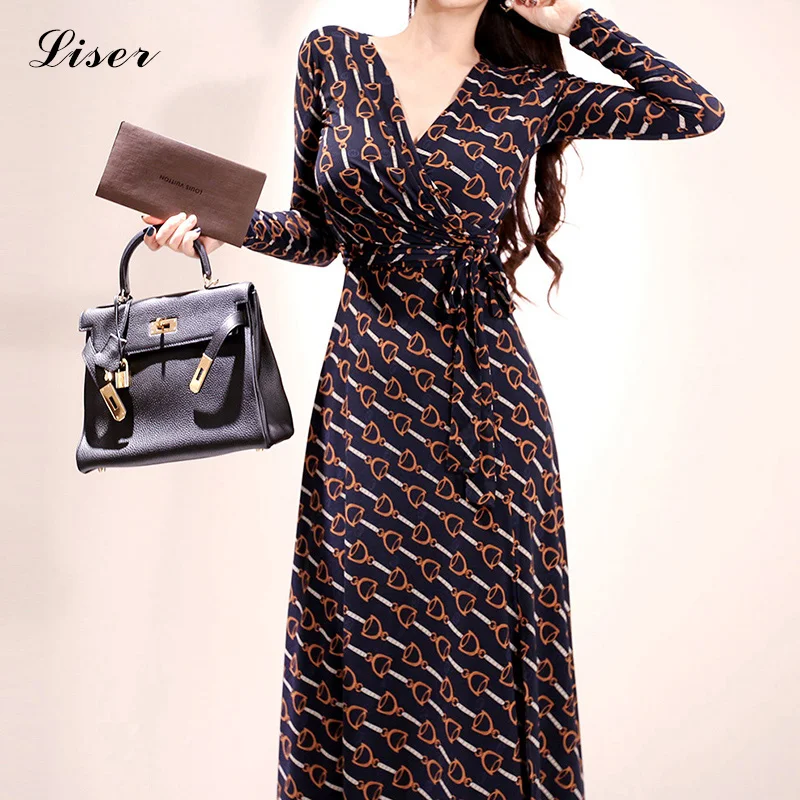 

Sexy Maxi Dress With Split Women Long Sleeve V Neck Sashes Boho Print Dresses Bohemian Casual Elegant Korean Party Autumn Winter