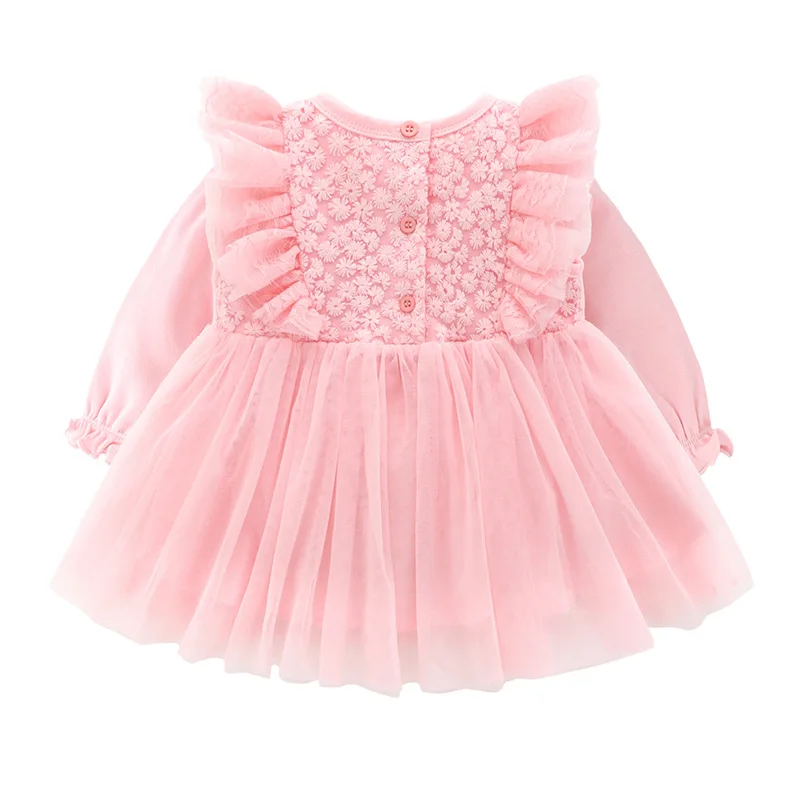 Одежда для новорожденных, Осенние вечерние платья с длинными рукавами для девочек, милое платье принцессы с длинными рукавами для маленьких девочек, костюм для младенцев, кружевное розовое платье