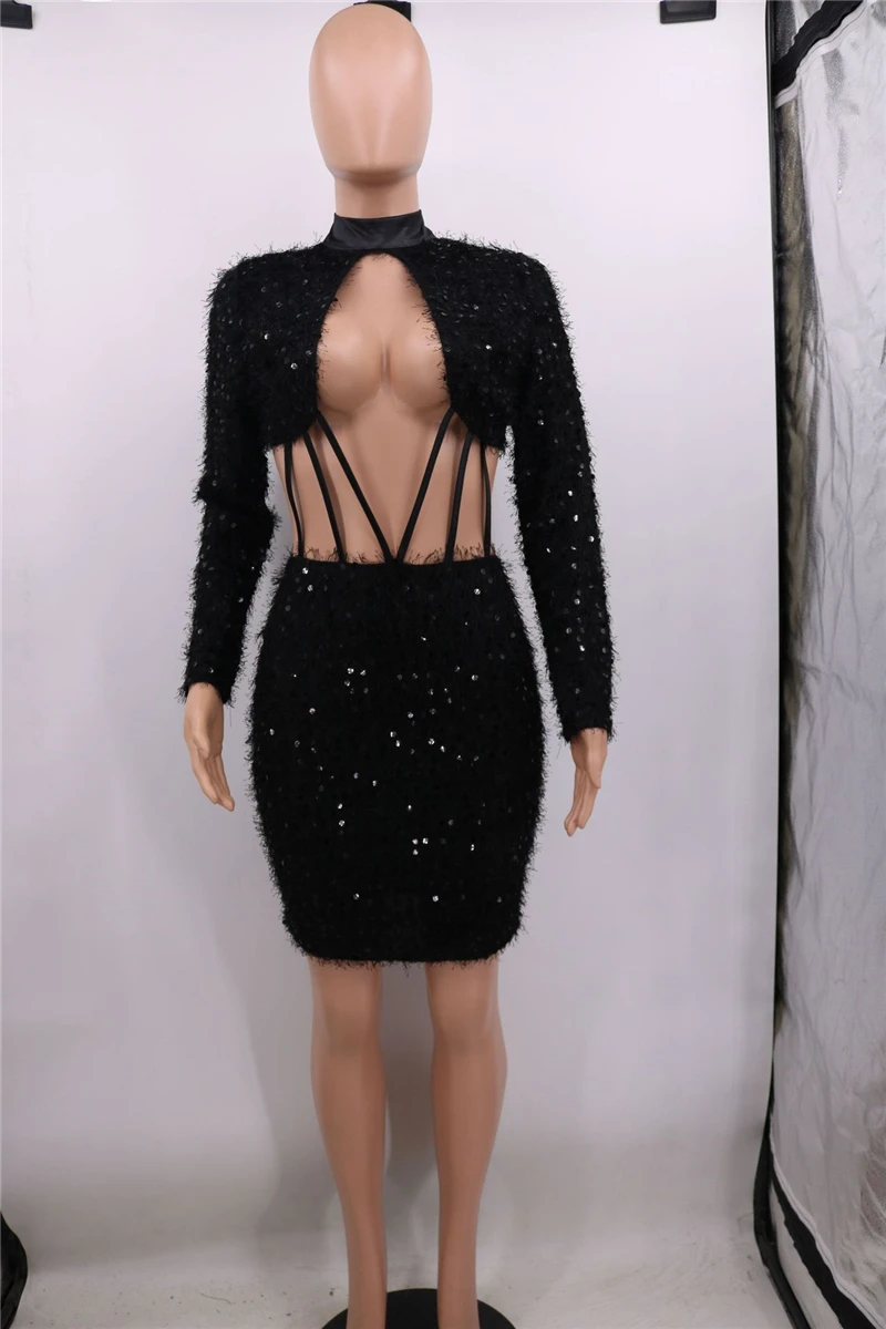 Adogirl Fur Sequins Women Sexy Dress Hollow Out Turtleneck Long Sleeve Bodycon Mini Party Dress Female Night Club Vestidos