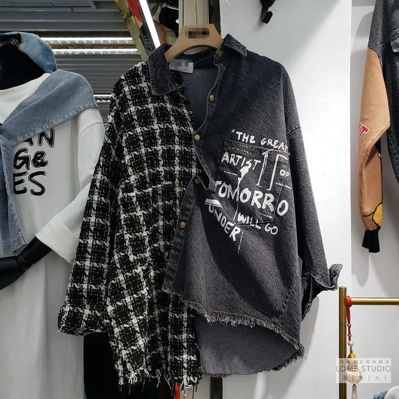 Graffiti Letter Print Women Plaid Stitching Jeans