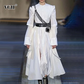 

VGH Elegant Asymmetrical Dresses For Female O Neck Flare Long Sleeve High Waist Irregular Dress Womens Fashion Clothes 2020 Tide