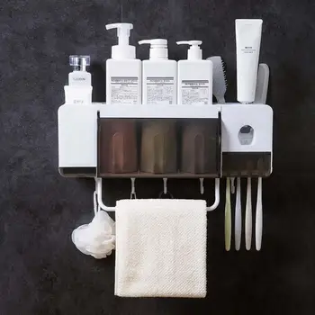 

1 Set Automatic Toothpaste Dispenser Toothbrush Holder with 3Cups Wall Mounted Towl Rack Holder Bathroom Storage Shelf Rack