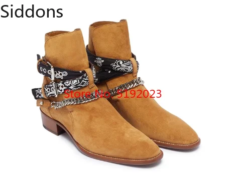 Men's Ankle Chain Straps Boots Genuine 