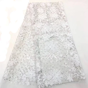 

Nice Flower Design White Net Lace Material French Lace Fabric With Rhinestones For Evening Dress HNZ380 (5Yards/lot)