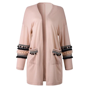

Autumn Women Casual Ruffled Pompom Long Polyester Sleeve Knitted Cardigan Open Front Coat