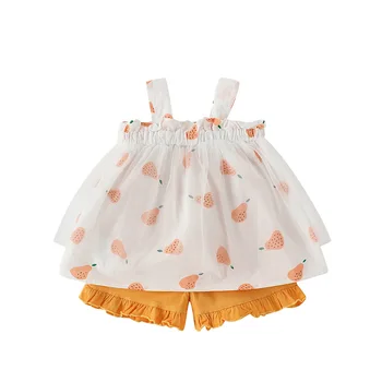 

2PCS WLG Girls Outfits Kids Summer Strap Mesh Printed Dress and Yellow Short Set Baby Girl Cute Clothes for 1-5 Years