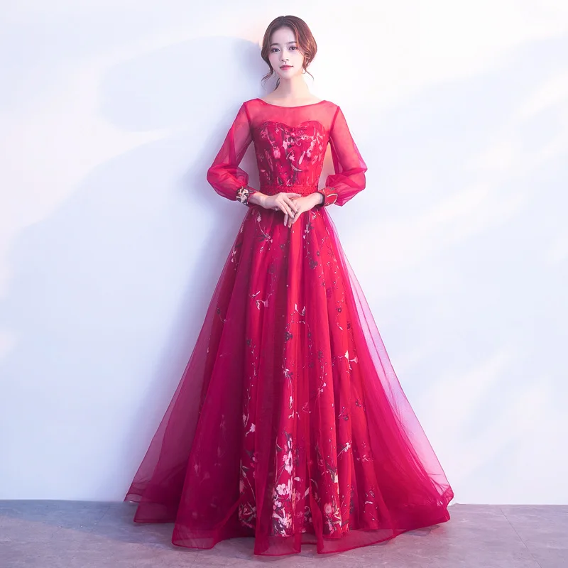 

FZSLCYIYI Evening Dress cheongsam Long Formal Gown Long Sleeve Back Zipper Design Party Dresss Chinese Wedding Toast Dress