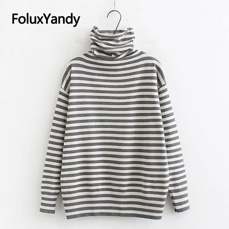 

Spring Autumn Sweater Striped Pullovers Plus Size Casual Long Sleeve Women Knitted Turtleneck Sweaters KKFY4240