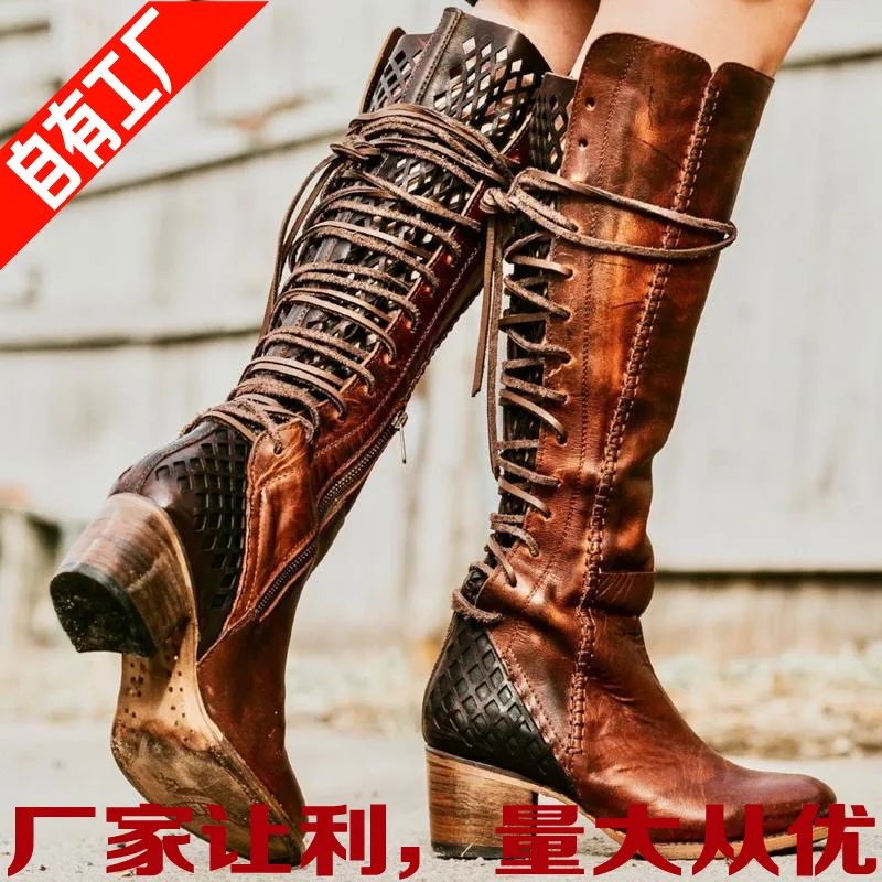 

Supply of Goods 2018 Autumn And Winter Hot Selling Europe And America Chunky-Heel round-Toe Hollow out Knight Women's Knee-High