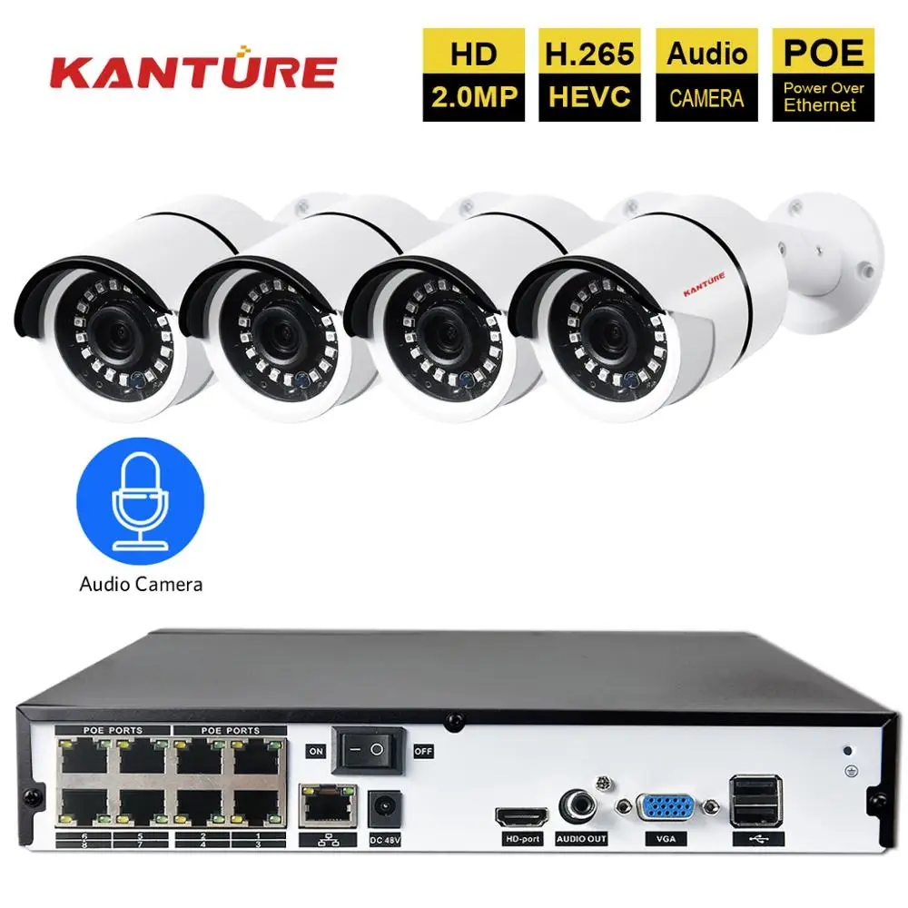 H.265 8CH 4MP видеонаблюдение POE система NVR 4 шт. 48V 2.0MP 1080P Аудио запись