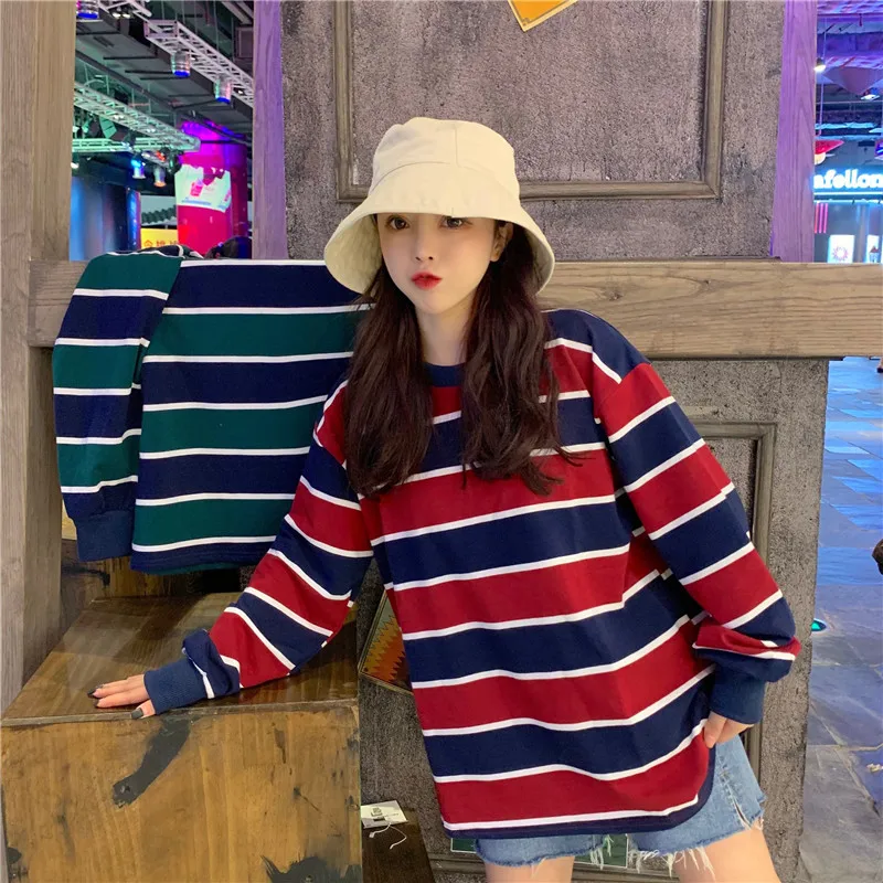 Красный Осенняя Футболка женская одежда корейский стиль Ulzzang Harajuku полосатая свободная футболка с длинным рукавом Женская Универсальная футболка - Цвет: Красный