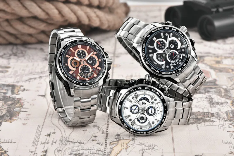 

Prgrne bo kanny Cx-0005 Steel Belt Men Three Small Disc Hands Calendar Waterproof Quartz Watch