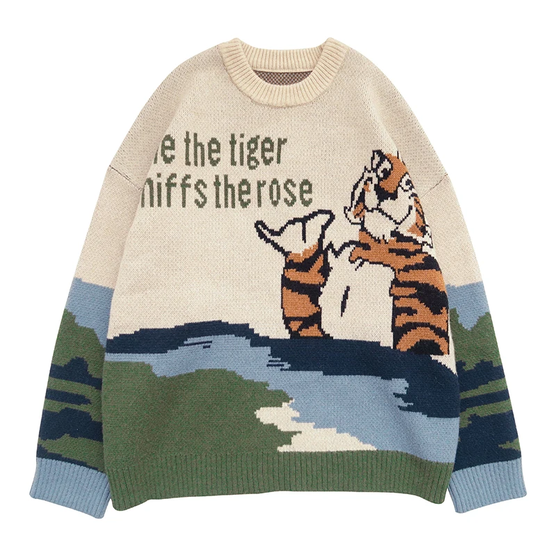 Autumn New Design Cartoon Tiger Jacquard Sweater Knitted Cotton O-neck Set Women's Warm Thick Suitable For Teenage Girls | Женская
