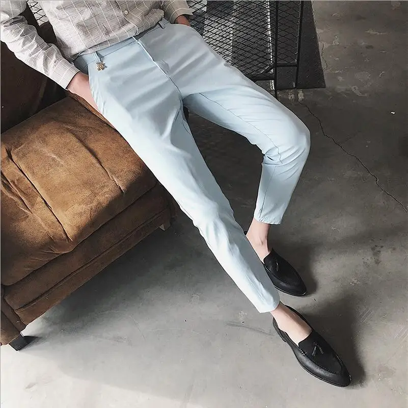 Lake Blue Хлопок мужской чистый цвет модный бутик Эластичный Тонкий деловой формальный костюм брюки/мужской свадебный костюм брюки - Цвет: Lake Blue