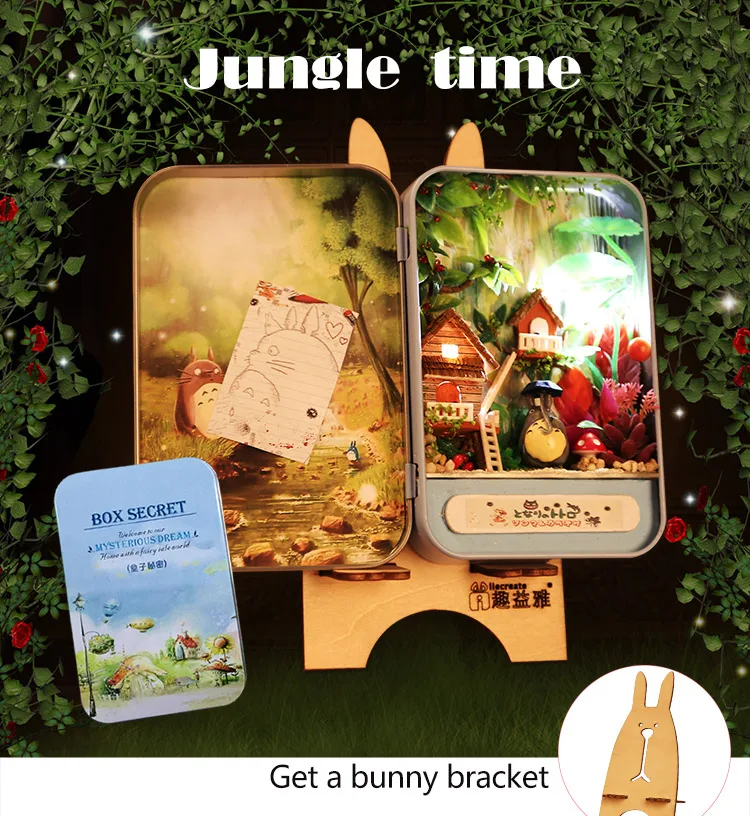 IiE CREATE Dollhouse Box Secret Series T001 Jungle Time Miniature DIY Kit с Банни стенд и руководство на английском языке