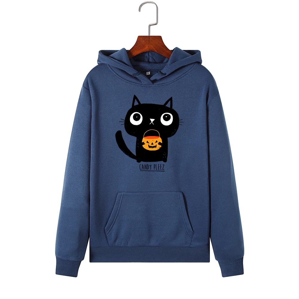  Women Hoodies Sweatshirts Hooded Sweatshirt Halloween Cat Wants Candy Print Autumn Winter Pullover 