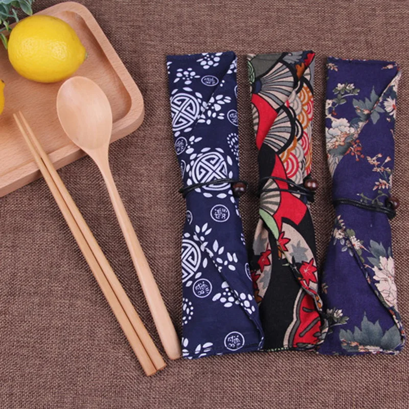 

1Set Wood Chopsticks Spoon Cutlery Sets Japanese Style Travel Dinnerware Suit Gift Environmental Tableware With Cloth Pack