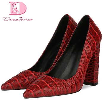 

DoraTasia 2020 New Arrivals Plus Size 43 Genuine Leather Women Pumps Square Heel Pointed Toe Platform Summer Dress Women Shoes