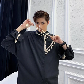 

SHENGYUJIN Yamamoto dark black niche shirt long-sleeved tassel design inside loose men's shirt casual youth shirt trend