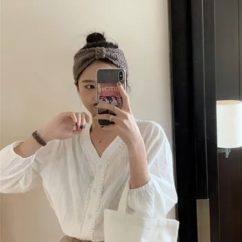 

blouse Shirt Women's V-neck Lantern Sleeve Cotton Solid Color Tights Lace Single-breasted Slim Shirt Small Fresh blouse