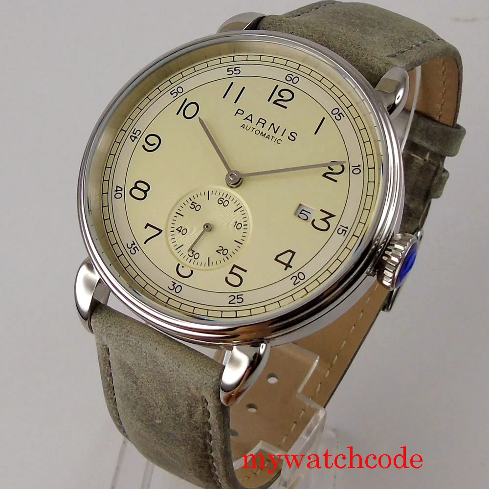 42mm PARNIS Automatic Wristwatch Leather Strap Polished Case Glass Back ST Movement Off-White Dial