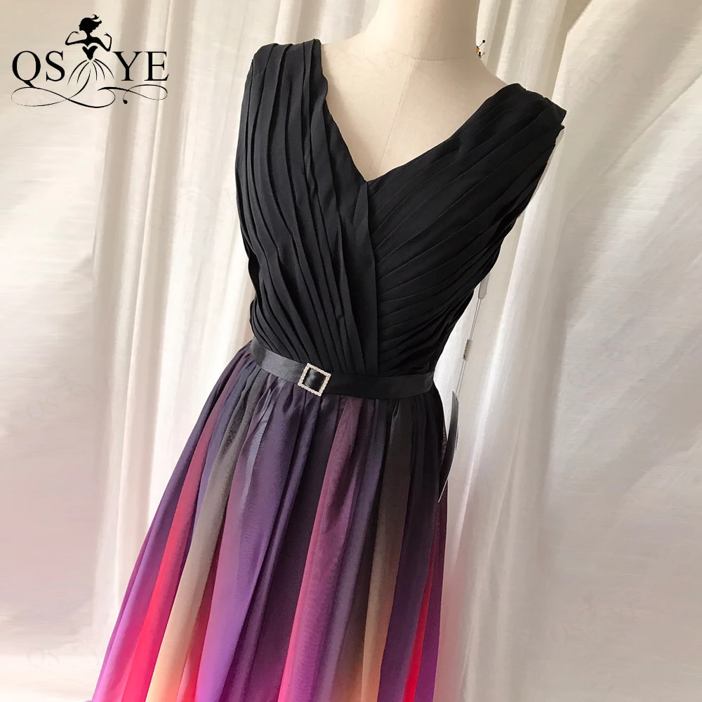 Colorful Fading Chiffon Prom Dress V Neck Black Evening Gown Lace up Party Gown Tiny Belt Ruched Sleeveless Women Formal Dress pretty prom dresses