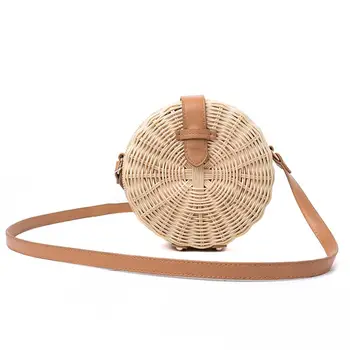 

FGGS-Women Straw Bag Bohemian Bali Rattan Beach Handbag Small Circle Lady Vintage Crossbody Handmade Kintted Shoulder Bags