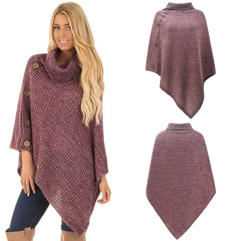 Casual Autumn Winter Knitted Poncho Sweaters Women Turtleneck Pullover Bat Shirt Irregular Hem Cloak Solid Shawl Capes Plus Size | Женская