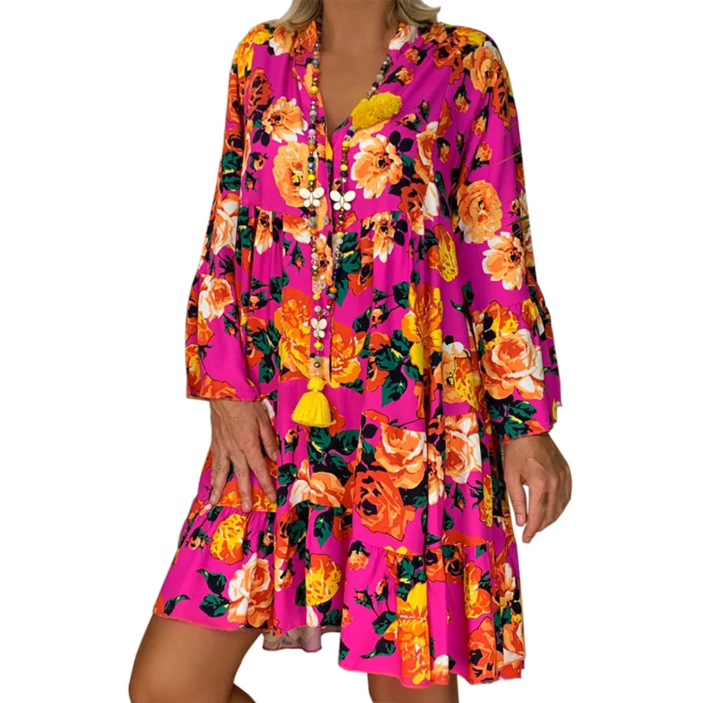 

Women Vintage Floral Print Mini Dress Fall V Neck Tassel Patchwork Long Sleeve Dresses Retro Pattern Dress Plus Size S-3XL