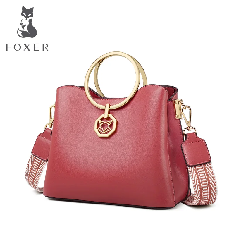 

FOXER Lady Round Large Capacity Fall Winter Bag Stylish Designer Cowhide Leather Handbag For Women Elegant Wide Strap Brand Bags