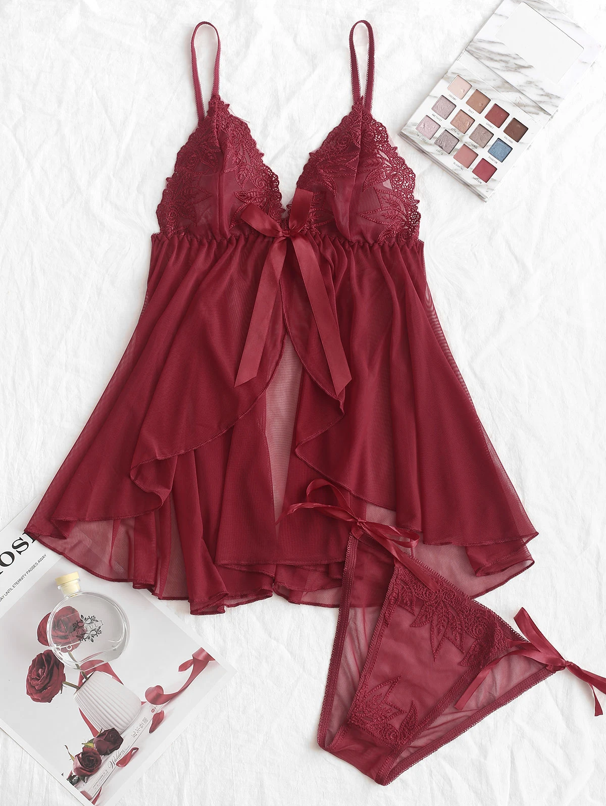ZAFUL Сексуальное Женское Сетчатое вышитое нижнее белье с бантами Babydoll ночная рубашка с v-образным вырезом ночное белье